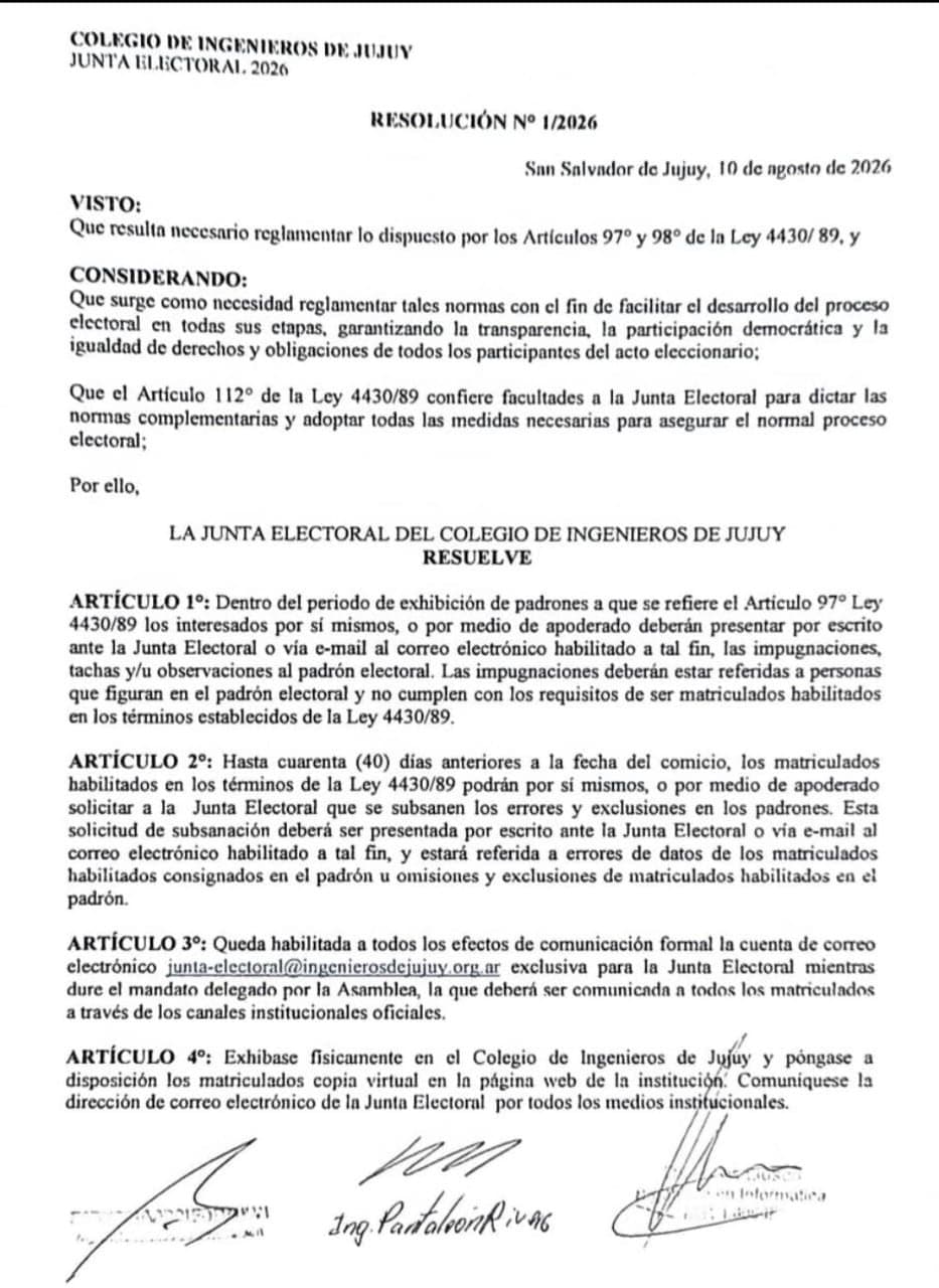 Imagen de la Resolución Nº 1/2026 de la Junta Electoral